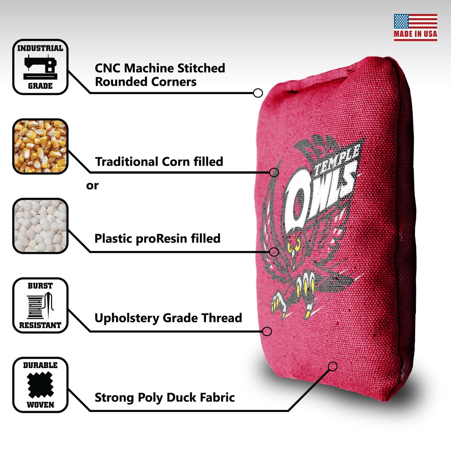 Temple University Cornhole Bags - 8 Cornhole Bags