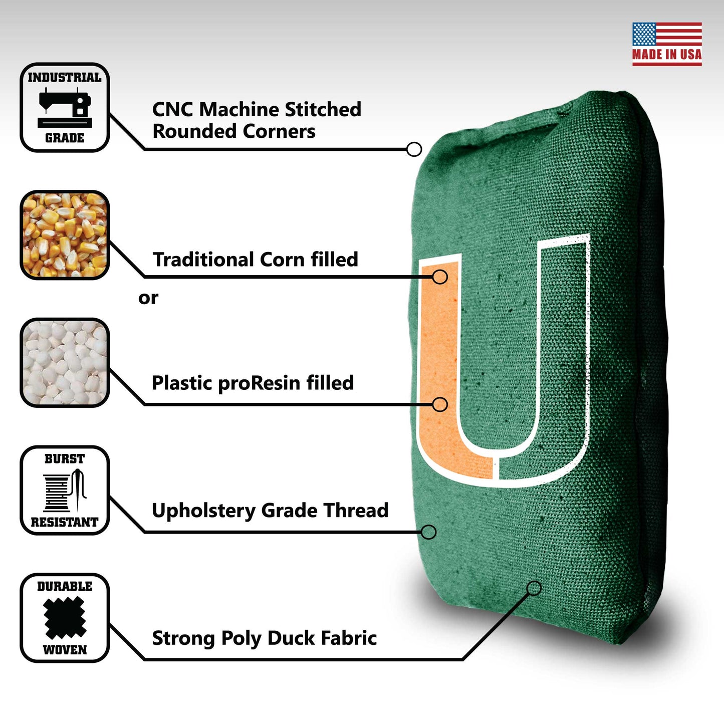 University of Miami Cornhole Bags - 8 Cornhole Bags